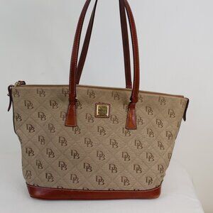 Dooney & Bourke Signature DB Canvas Zip Tote Shoulder Bag Tan Brown Leather